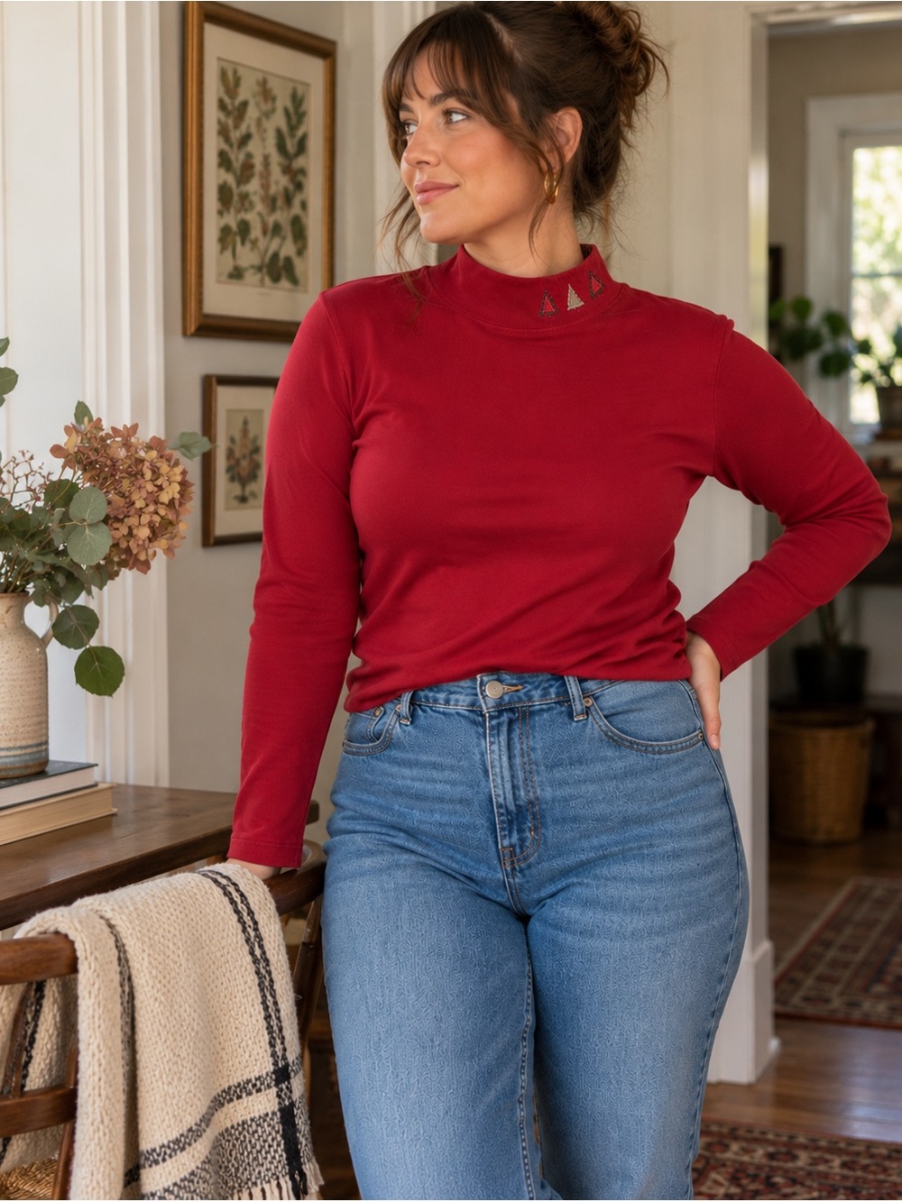 Vintage Northern Reflections Red Mock Neck Embroidered Long Sleeve Top M